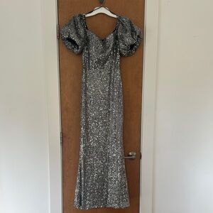 Silver Sequin Puff Sleeve Gown